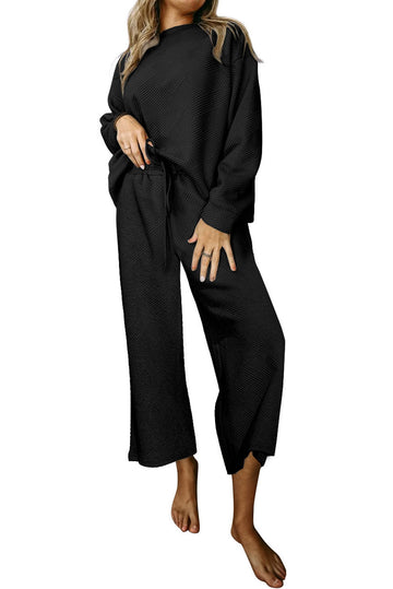 Black Textured Loose Slouchy Long Sleeve Top and Pants Set
